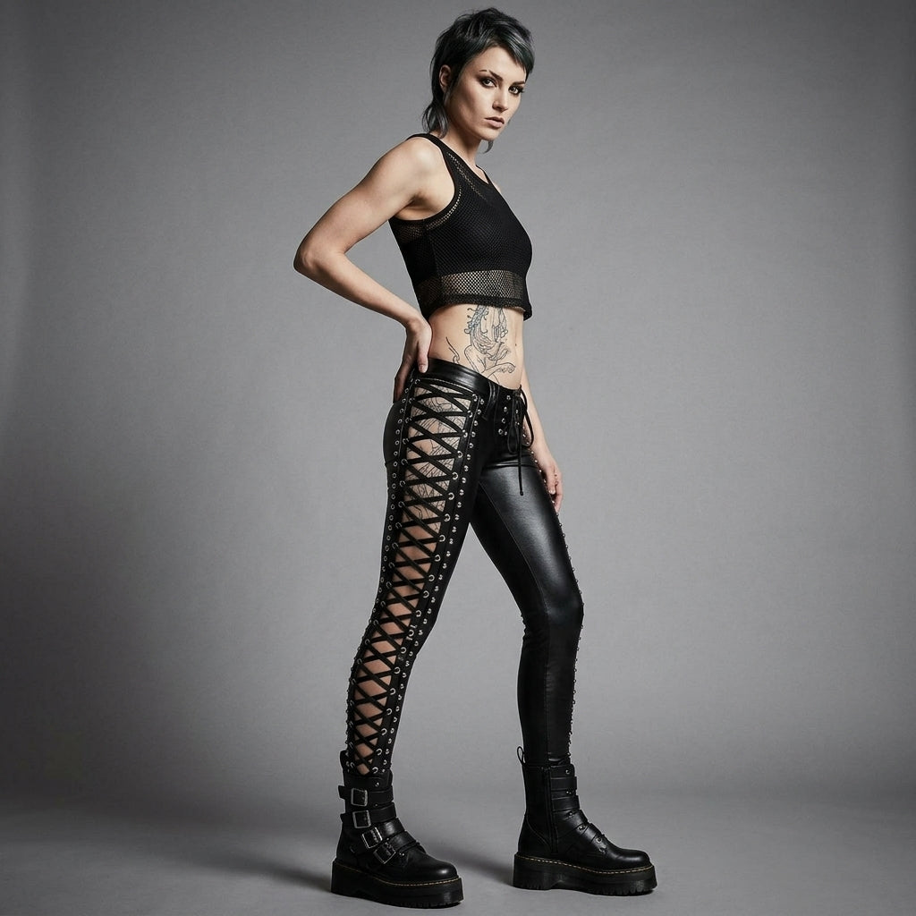 Women's Black Lace-Up Leather Pants
