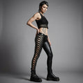 Women's Black Lace-Up Leather Pants