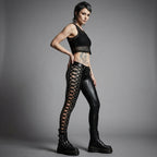 Women's Black Lace-Up Leather Pants