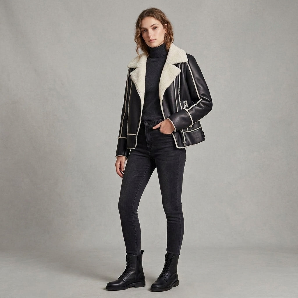Women's Black Shearling Aviator Leather Jacket
