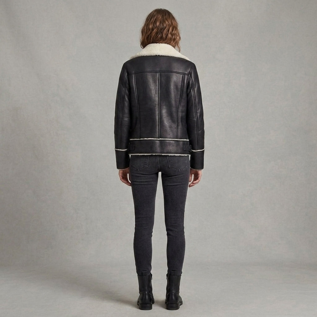 Women's Black Shearling Aviator Leather Jacket