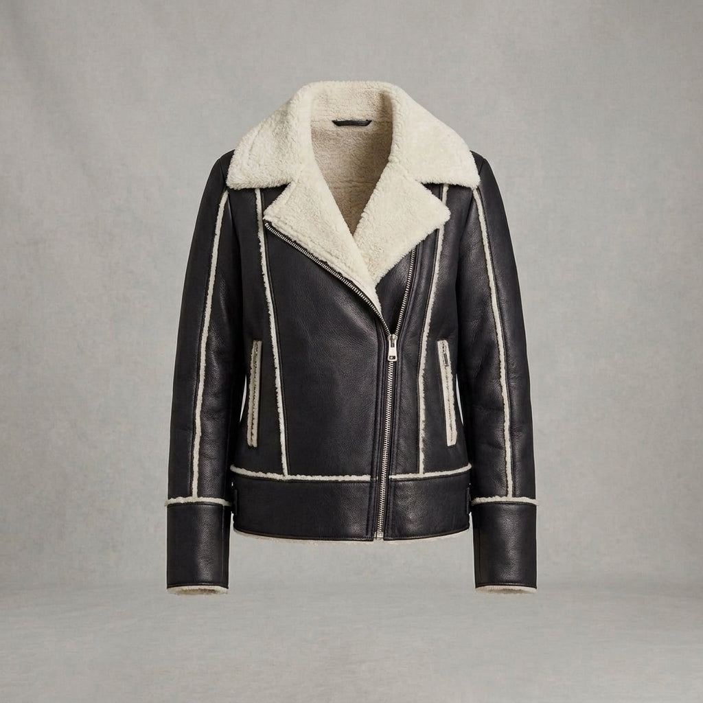 Women's Black Shearling Aviator Leather Jacket