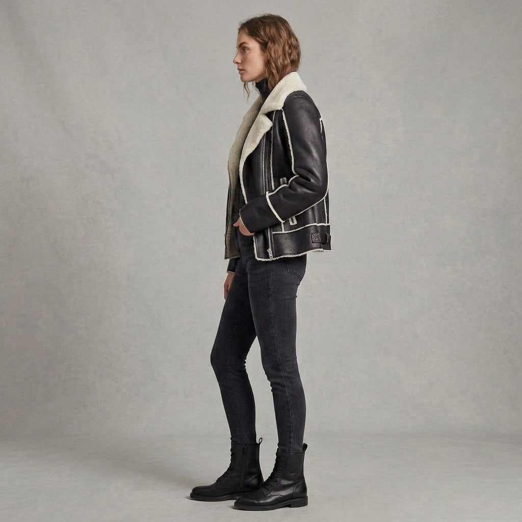 Women's Black Shearling Aviator Leather Jacket
