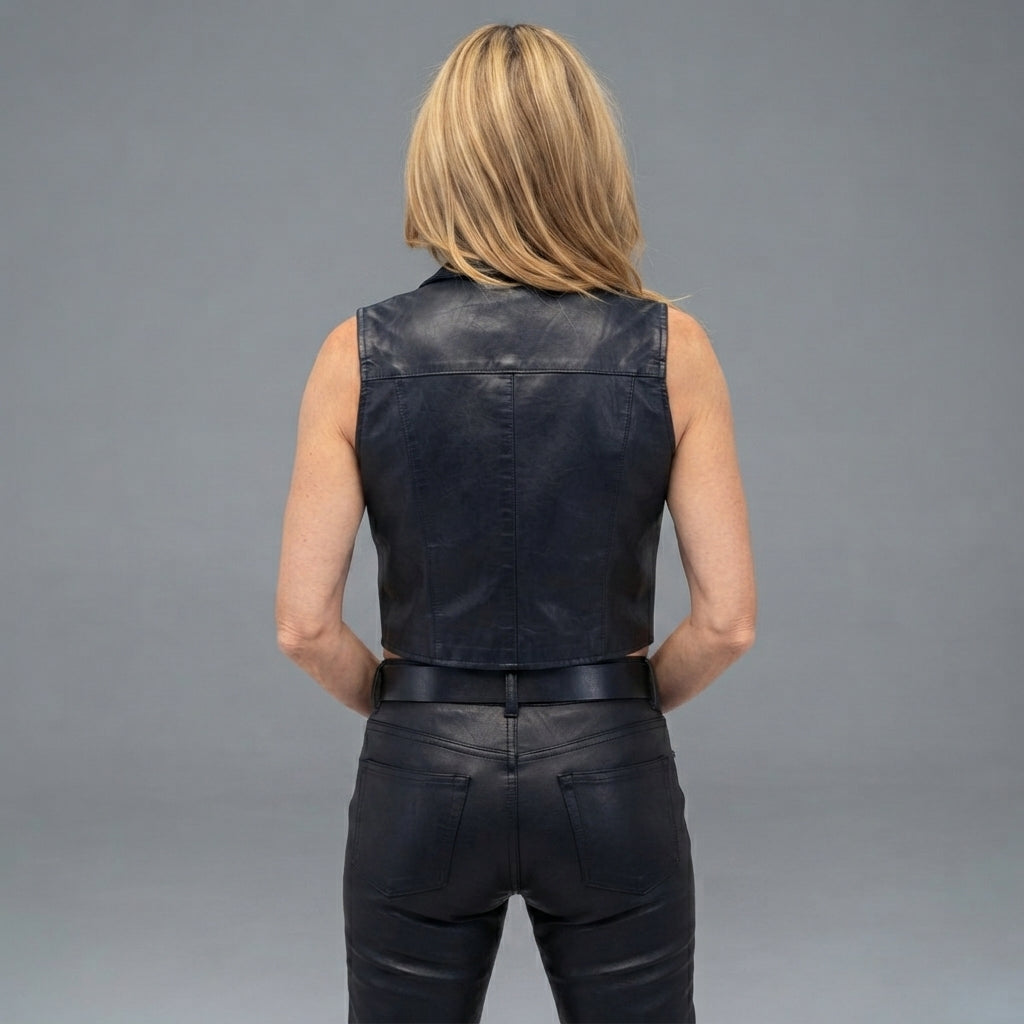 Women's Black Leather Snap-Front Crop Vest