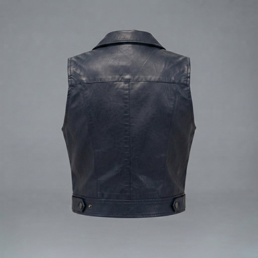 Women's Black Leather Snap-Front Crop Vest