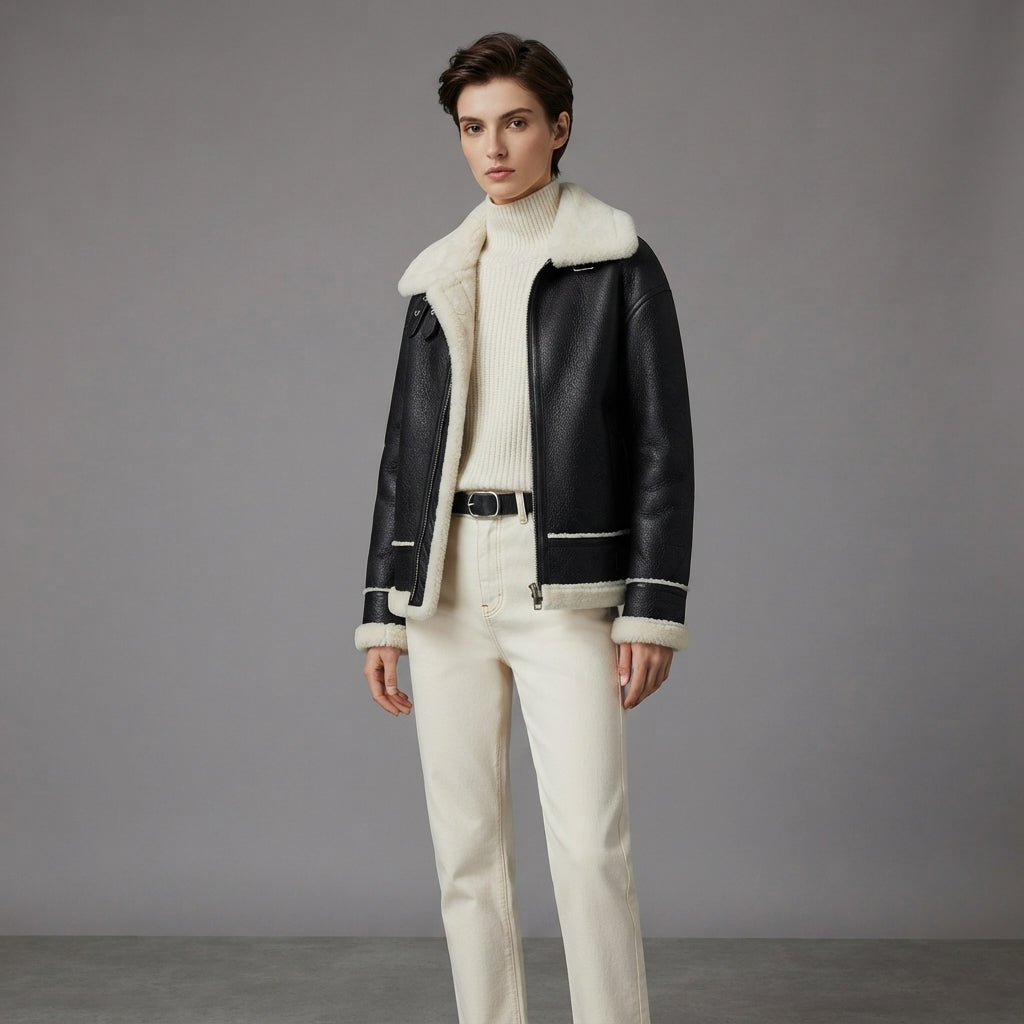 Women's Black Shearling Aviator Jacket