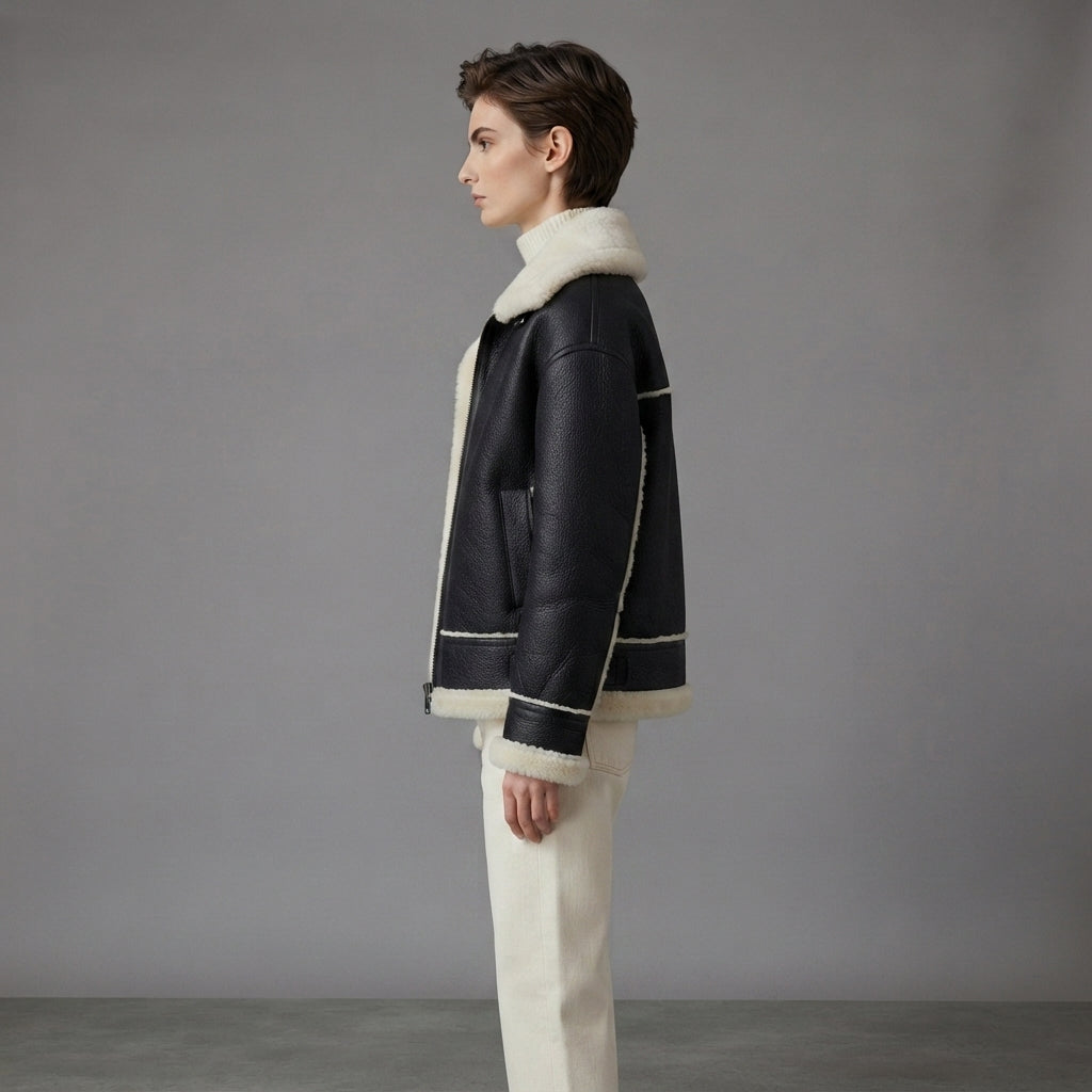 Women's Black Shearling Aviator Jacket