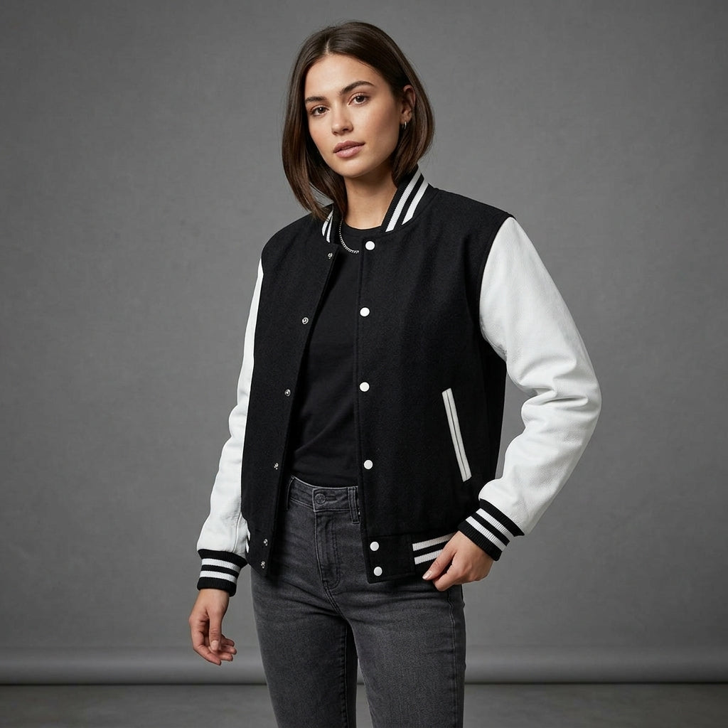 Women's Black & White Leather Sleeve Varsity Jacket