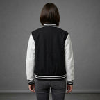 Women's Black & White Leather Sleeve Varsity Jacket