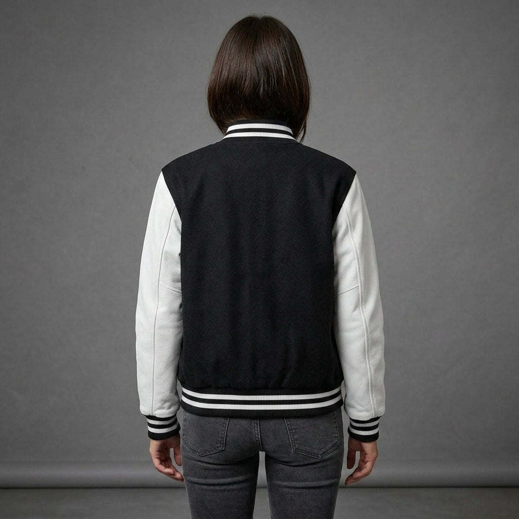 Women's Black & White Leather Sleeve Varsity Jacket
