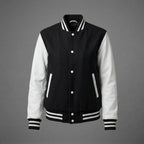 Women's Black & White Leather Sleeve Varsity Jacket