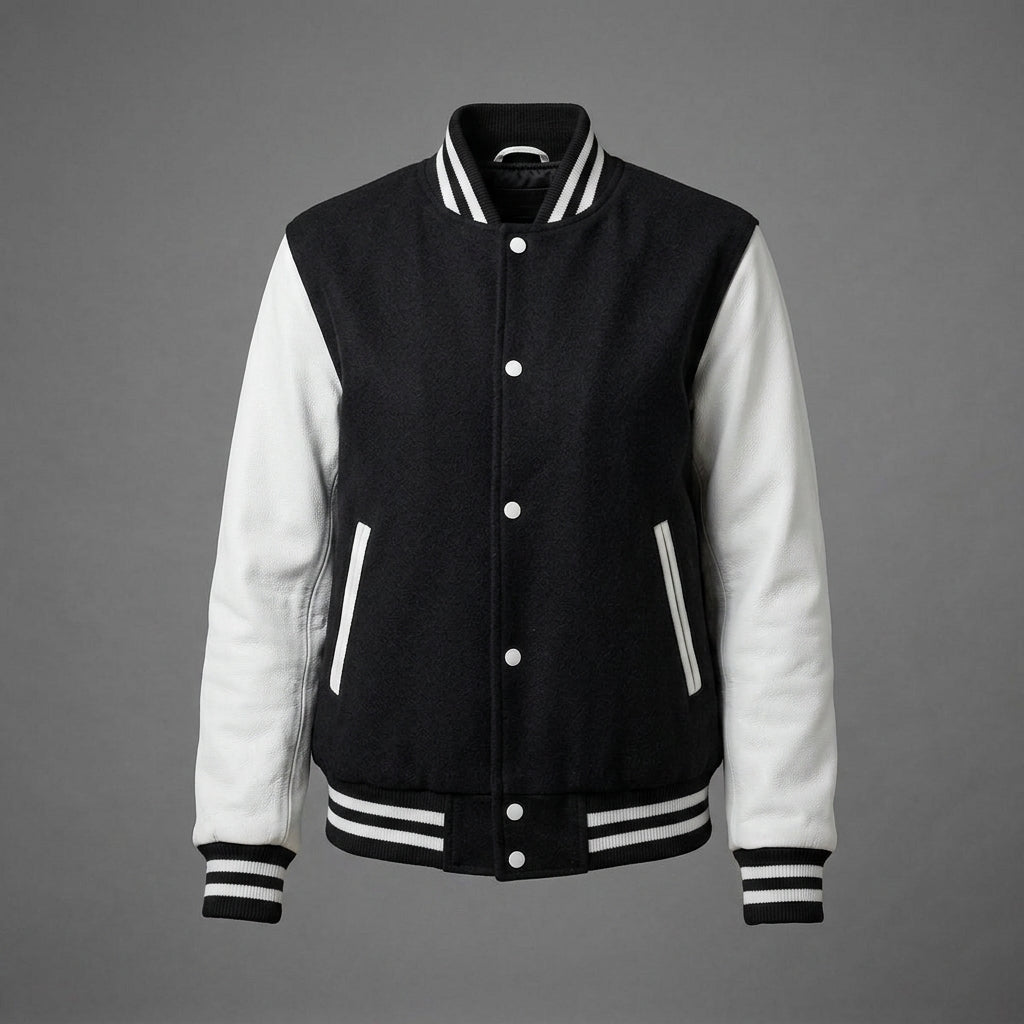 Women's Black & White Leather Sleeve Varsity Jacket