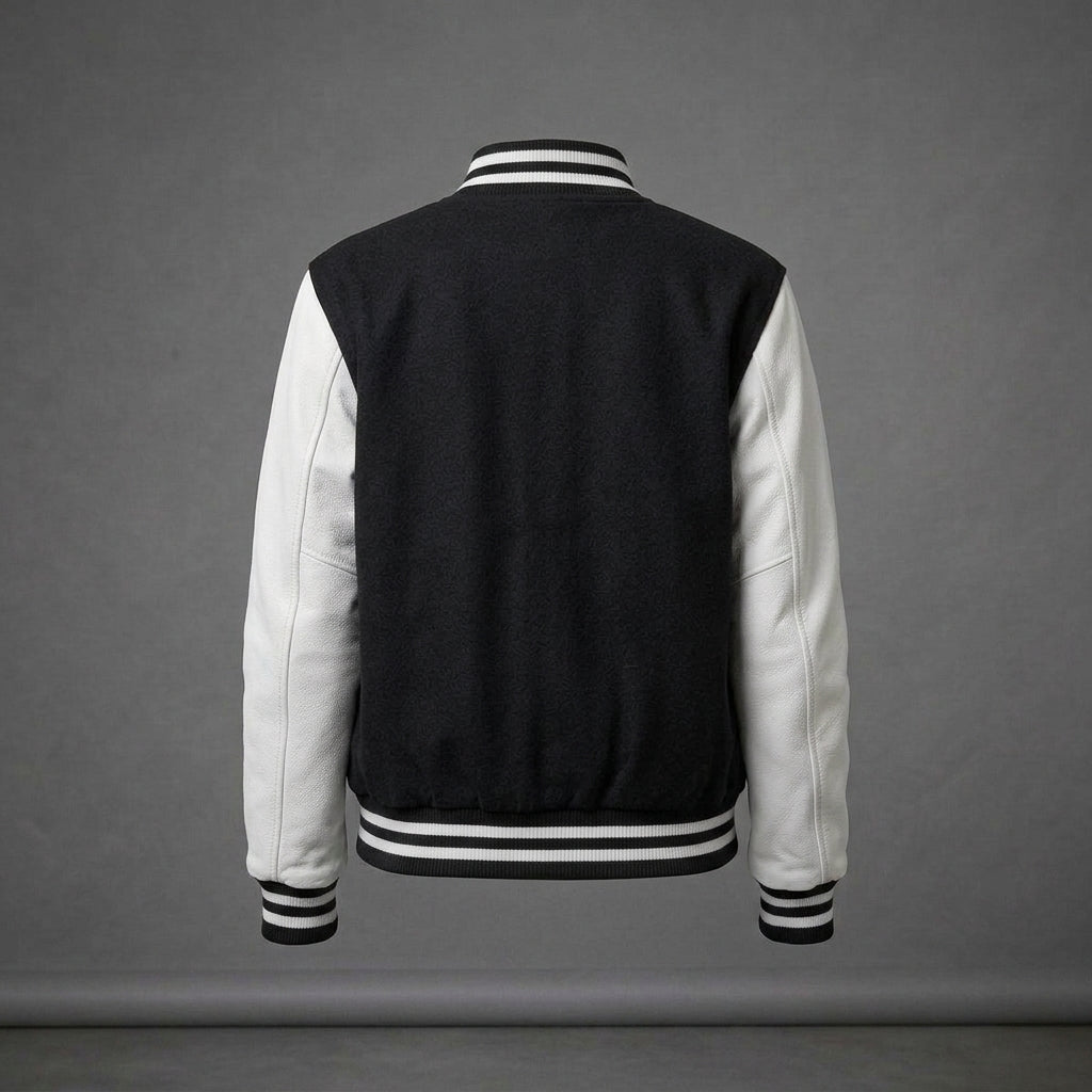 Women's Black & White Leather Sleeve Varsity Jacket