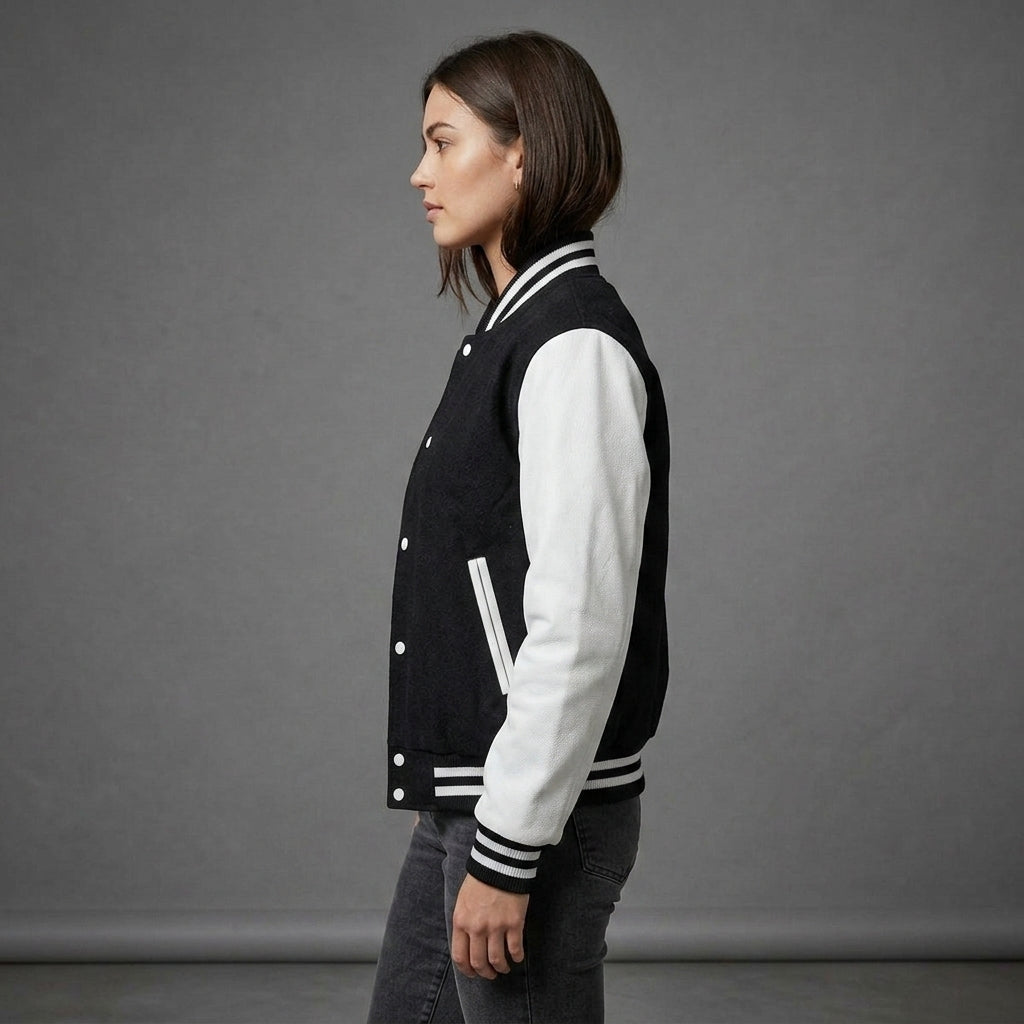 Women's Black & White Leather Sleeve Varsity Jacket