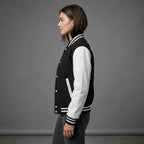 Women's Black & White Leather Sleeve Varsity Jacket