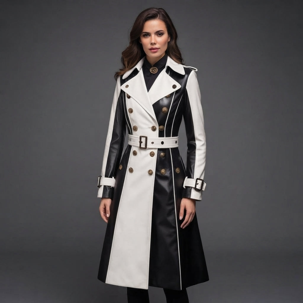 Women's Black & White Two-Tone Genuine Leather Trench Coat