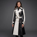 Women's Black & White Two-Tone Genuine Leather Trench Coat