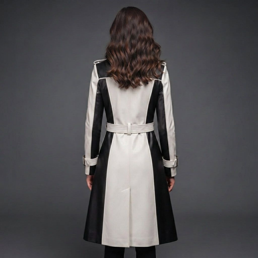 Women's Black & White Two-Tone Genuine Leather Trench Coat
