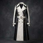 Women's Black & White Two-Tone Genuine Leather Trench Coat