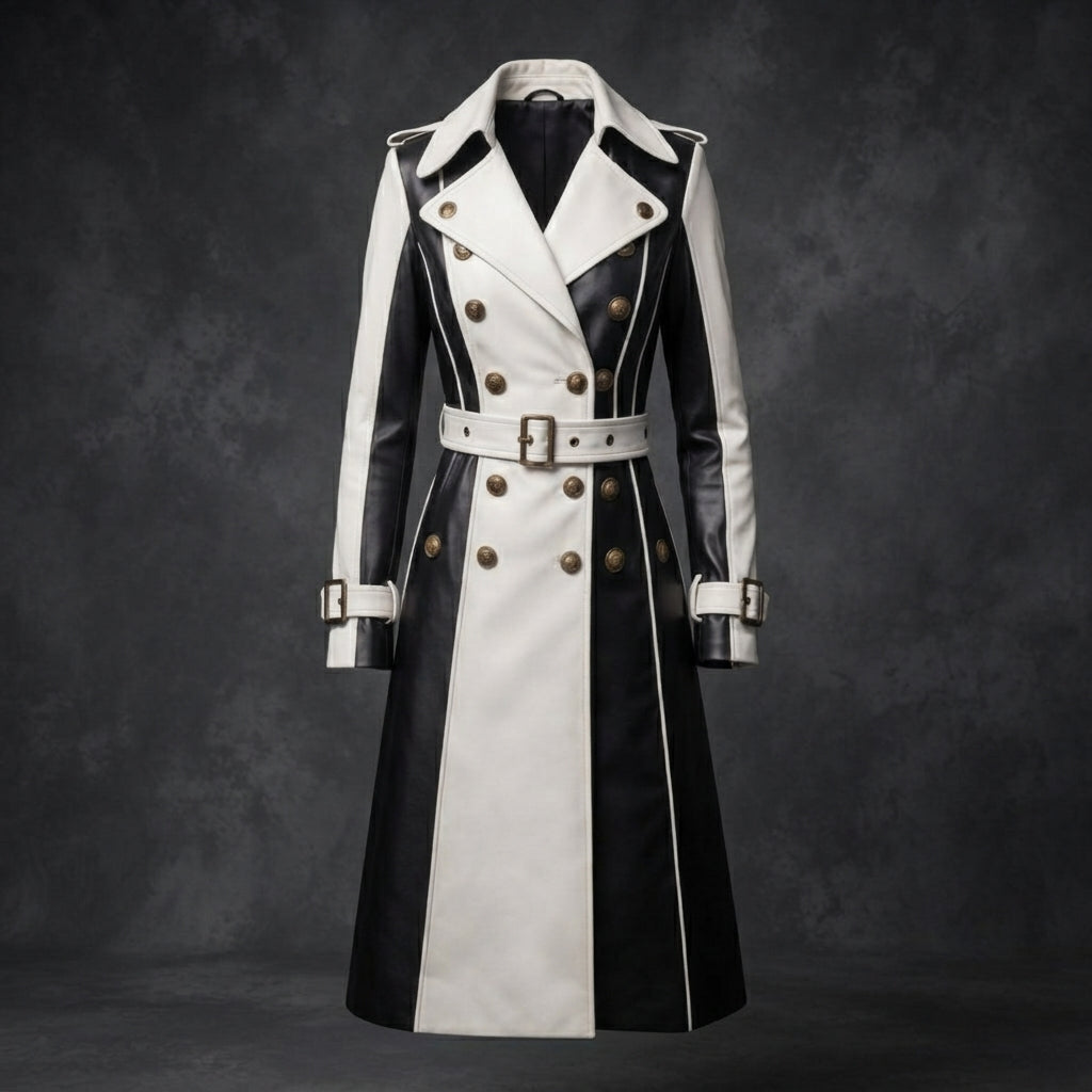 Women's Black & White Two-Tone Genuine Leather Trench Coat