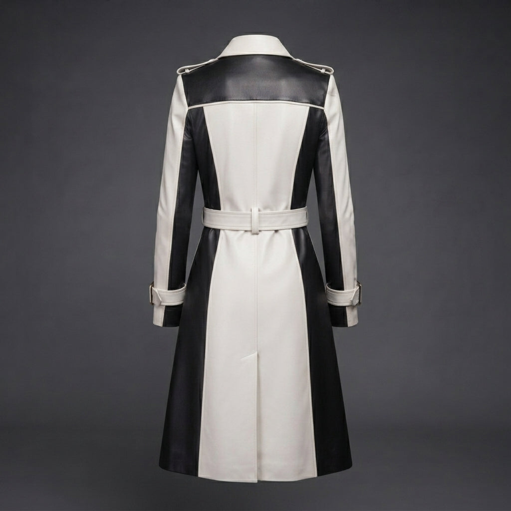 Women's Black & White Two-Tone Genuine Leather Trench Coat