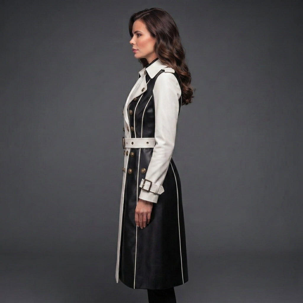 Women's Black & White Two-Tone Genuine Leather Trench Coat