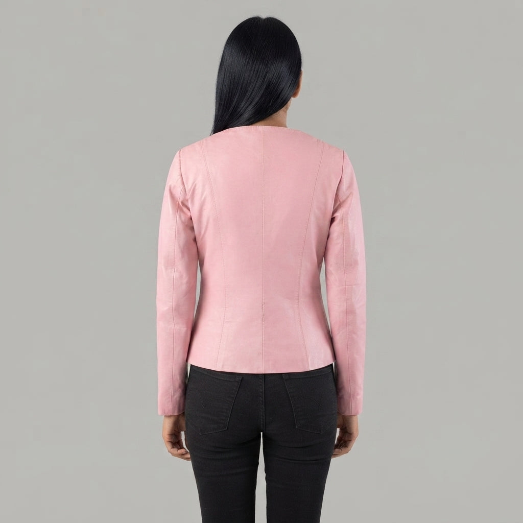Women's Blush Pink Collarless Leather Jacket