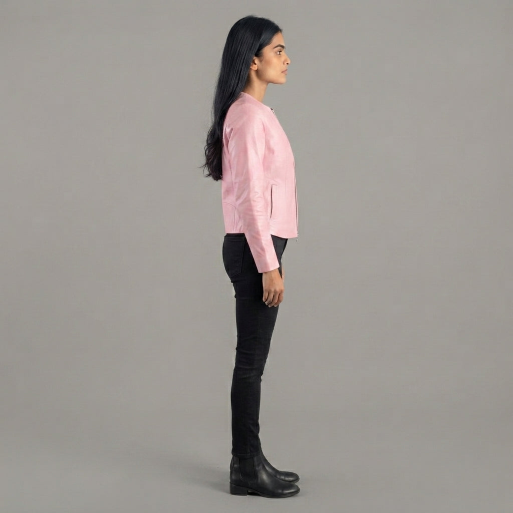 Women's Blush Pink Collarless Leather Jacket