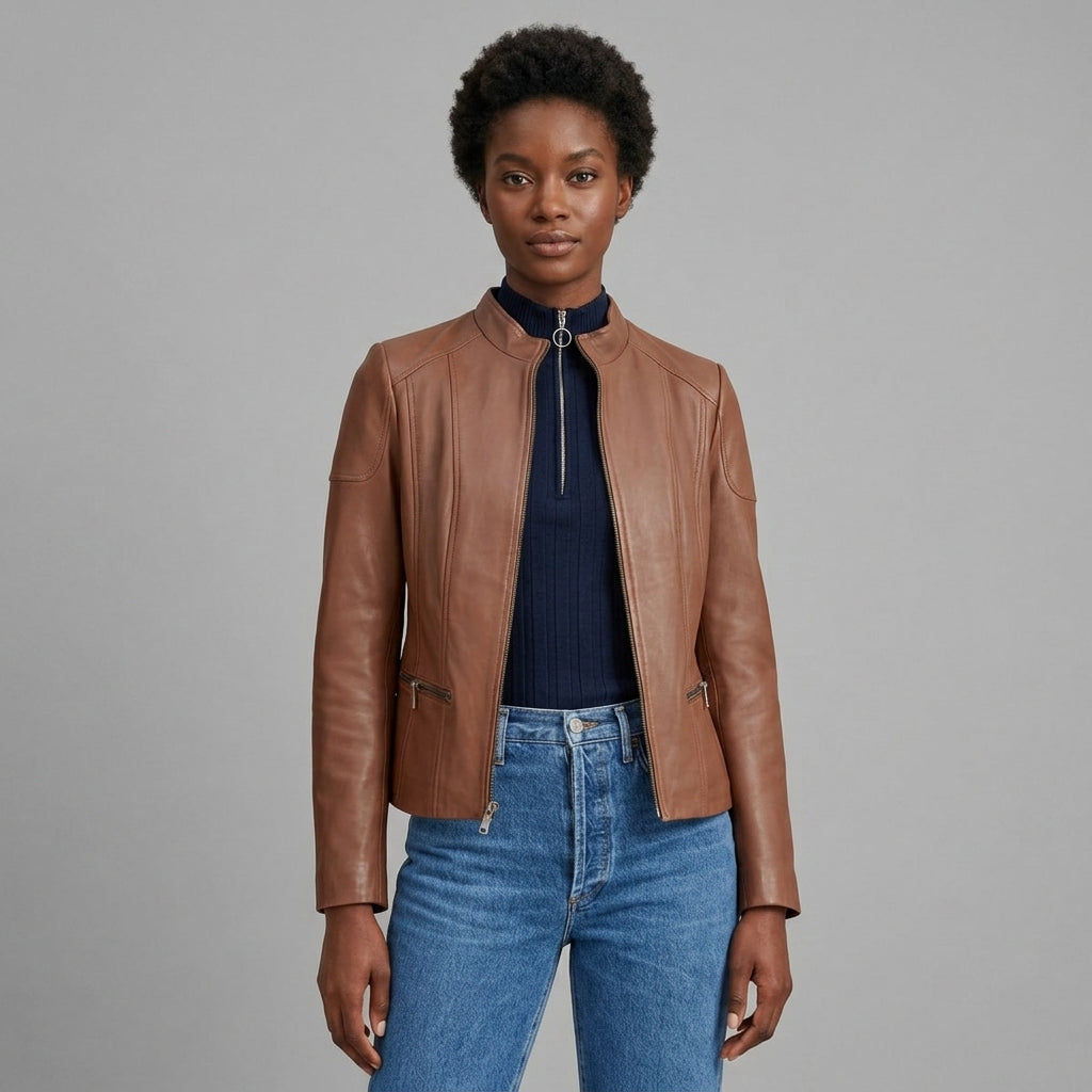 Women's Brown Stand-Collar Leather Jacket