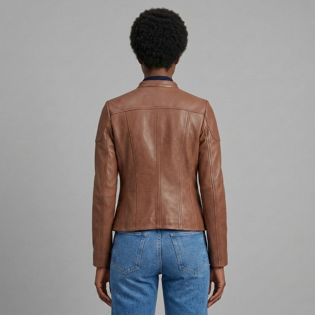 Women's Brown Stand-Collar Leather Jacket