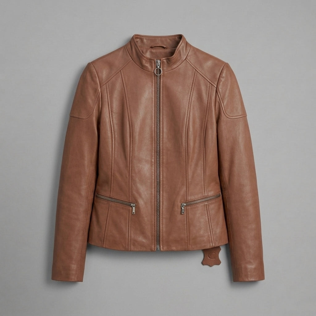 Women's Brown Stand-Collar Leather Jacket