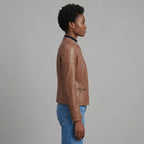 Women's Brown Stand-Collar Leather Jacket