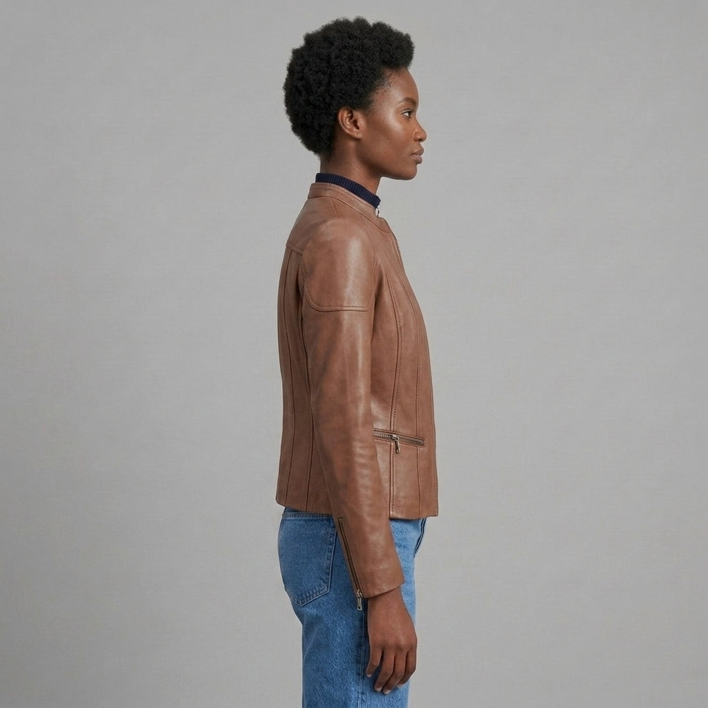 Women's Brown Stand-Collar Leather Jacket