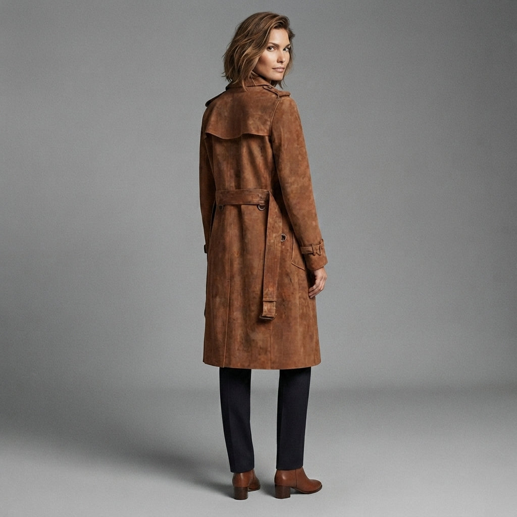Women's Suede Trench Coat | Double-Breasted Brown Outerwear