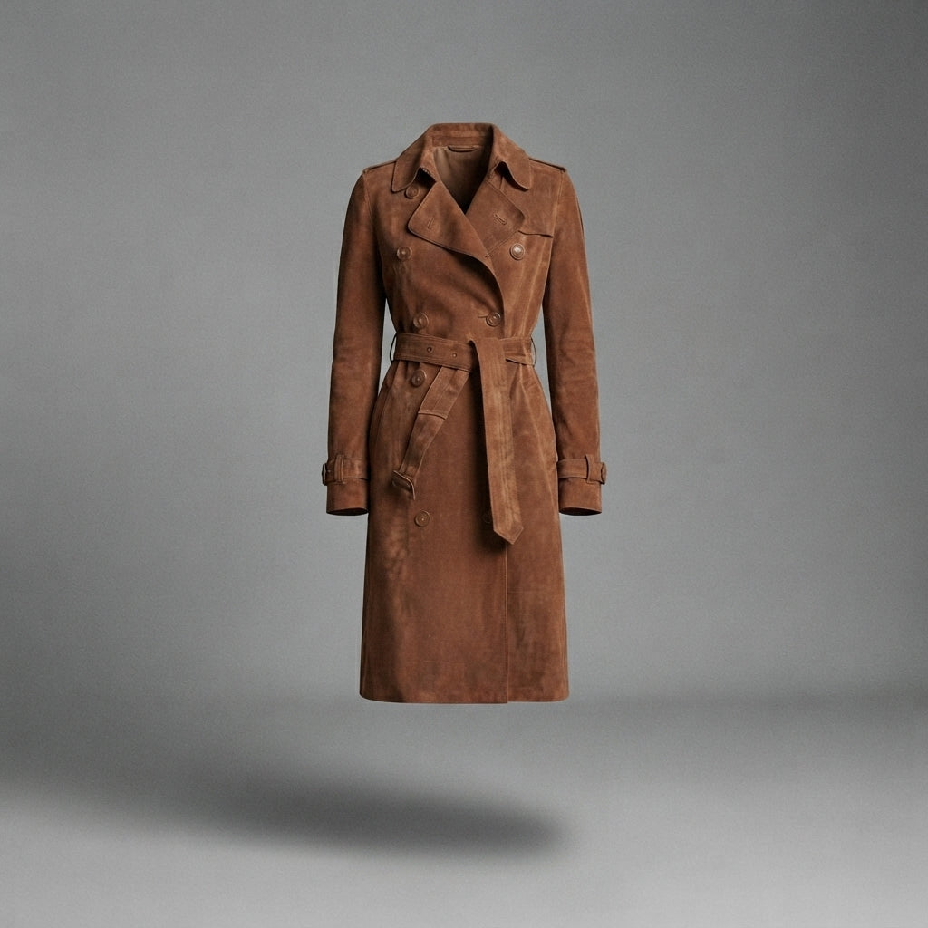 Women's Suede Trench Coat | Double-Breasted Brown Outerwear