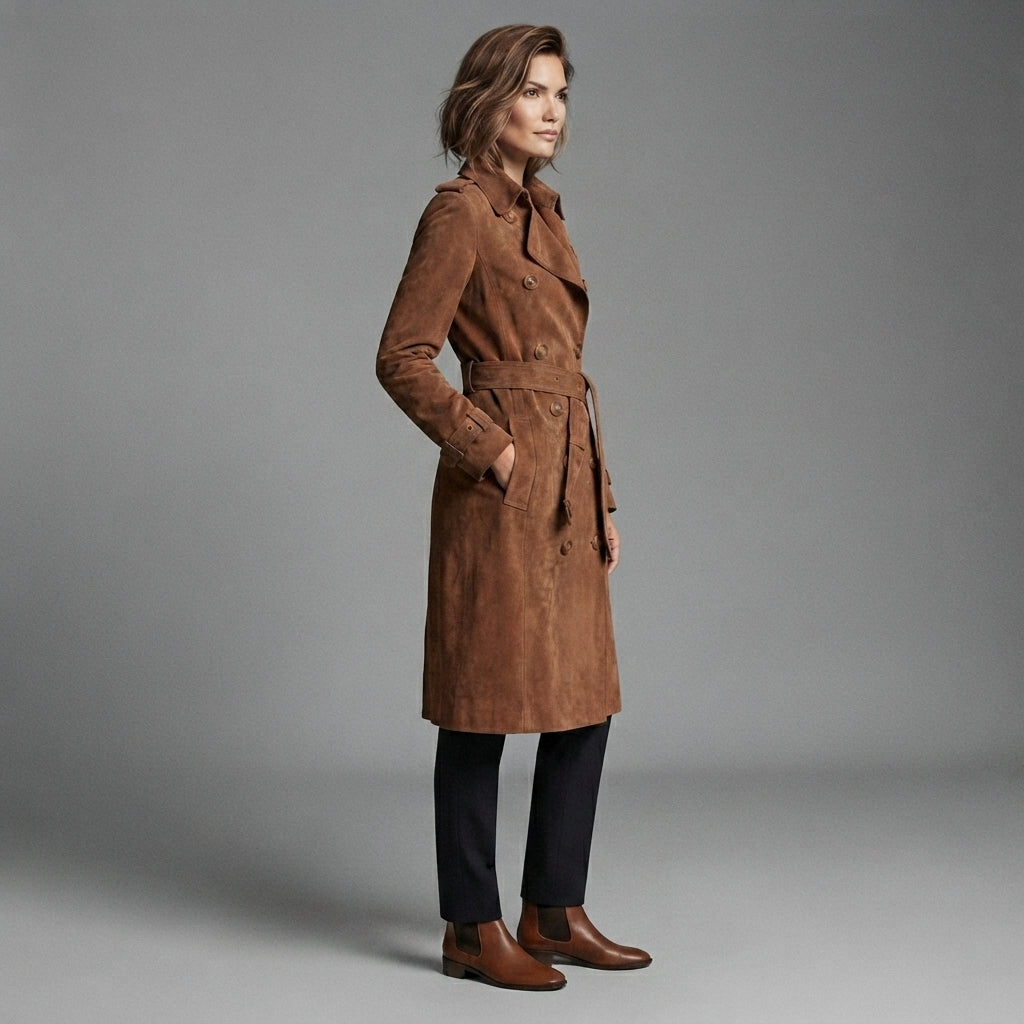 Women's Suede Trench Coat | Double-Breasted Brown Outerwear