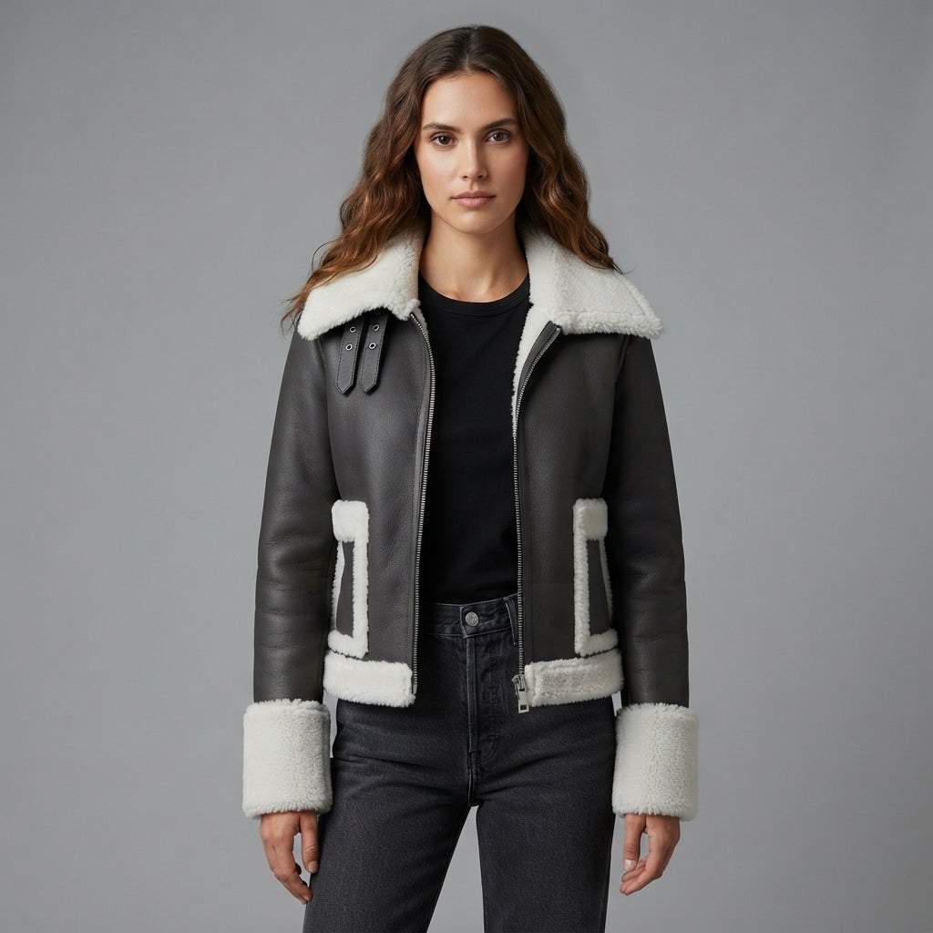 Women's Charcoal Shearling Aviator Jacket