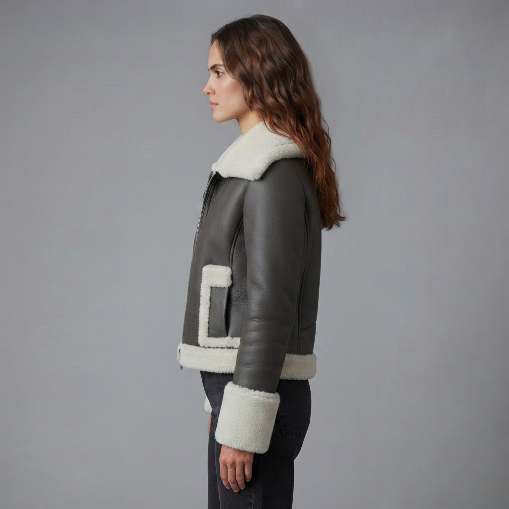 Women's Charcoal Shearling Aviator Jacket