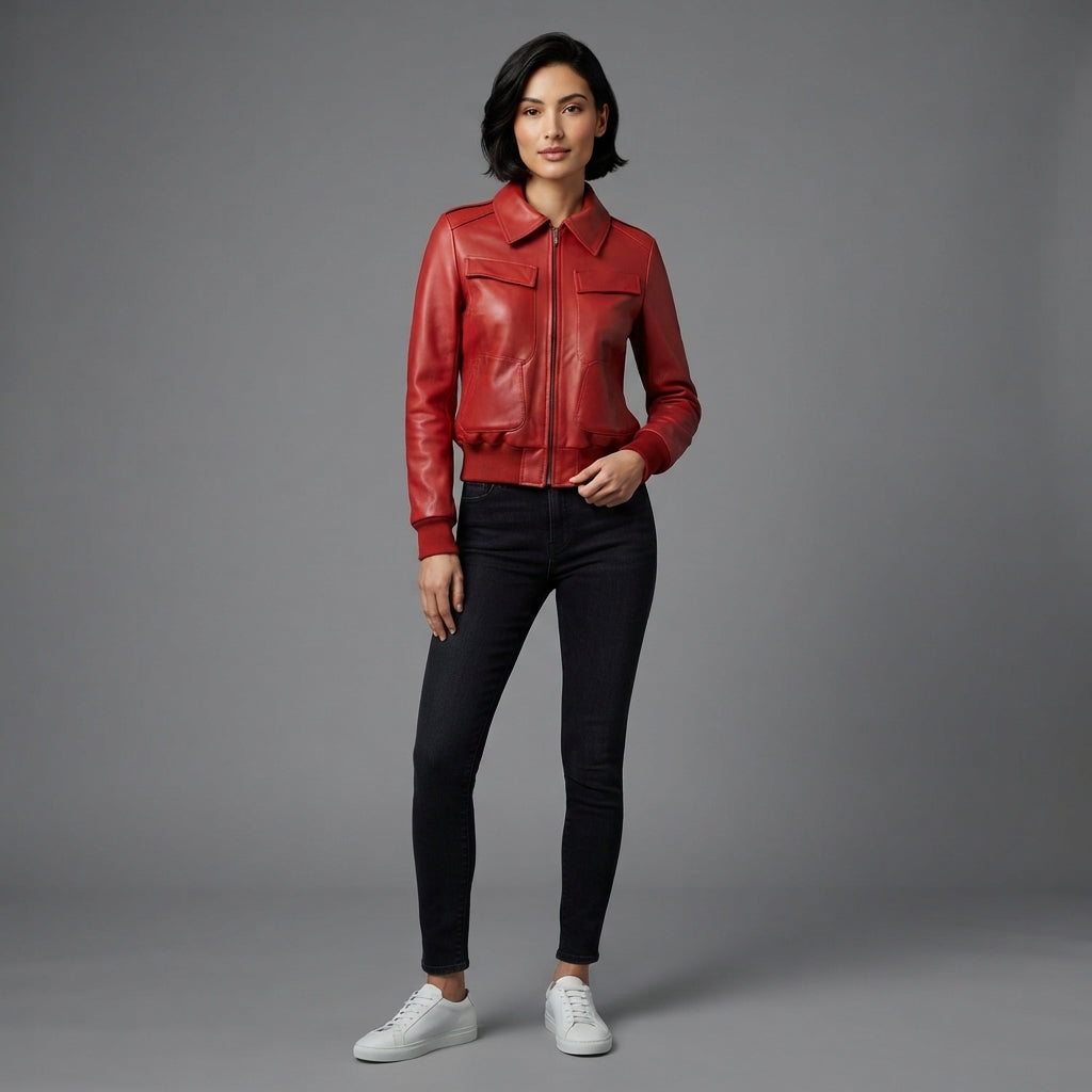 Women's Cherry Red Zip-Front Leather Jacket with Ribbed Hem