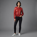 Women's Cherry Red Zip-Front Leather Jacket with Ribbed Hem
