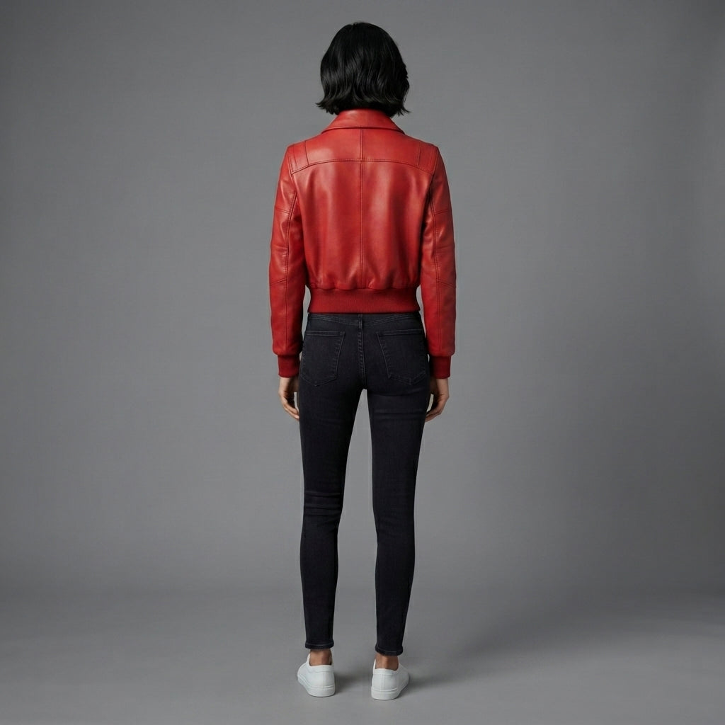 Women's Cherry Red Zip-Front Leather Jacket with Ribbed Hem