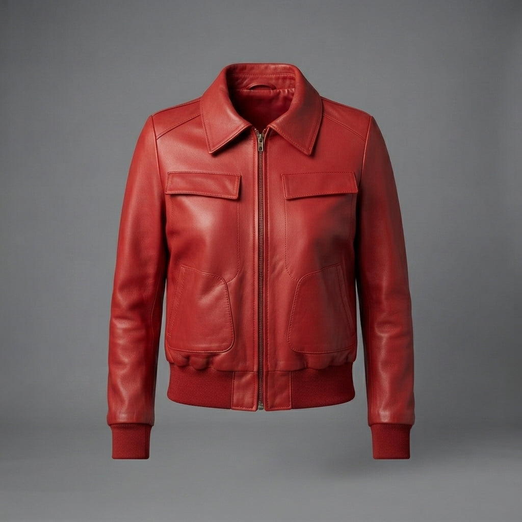 Women's Cherry Red Zip-Front Leather Jacket with Ribbed Hem