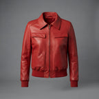 Women's Cherry Red Zip-Front Leather Jacket with Ribbed Hem