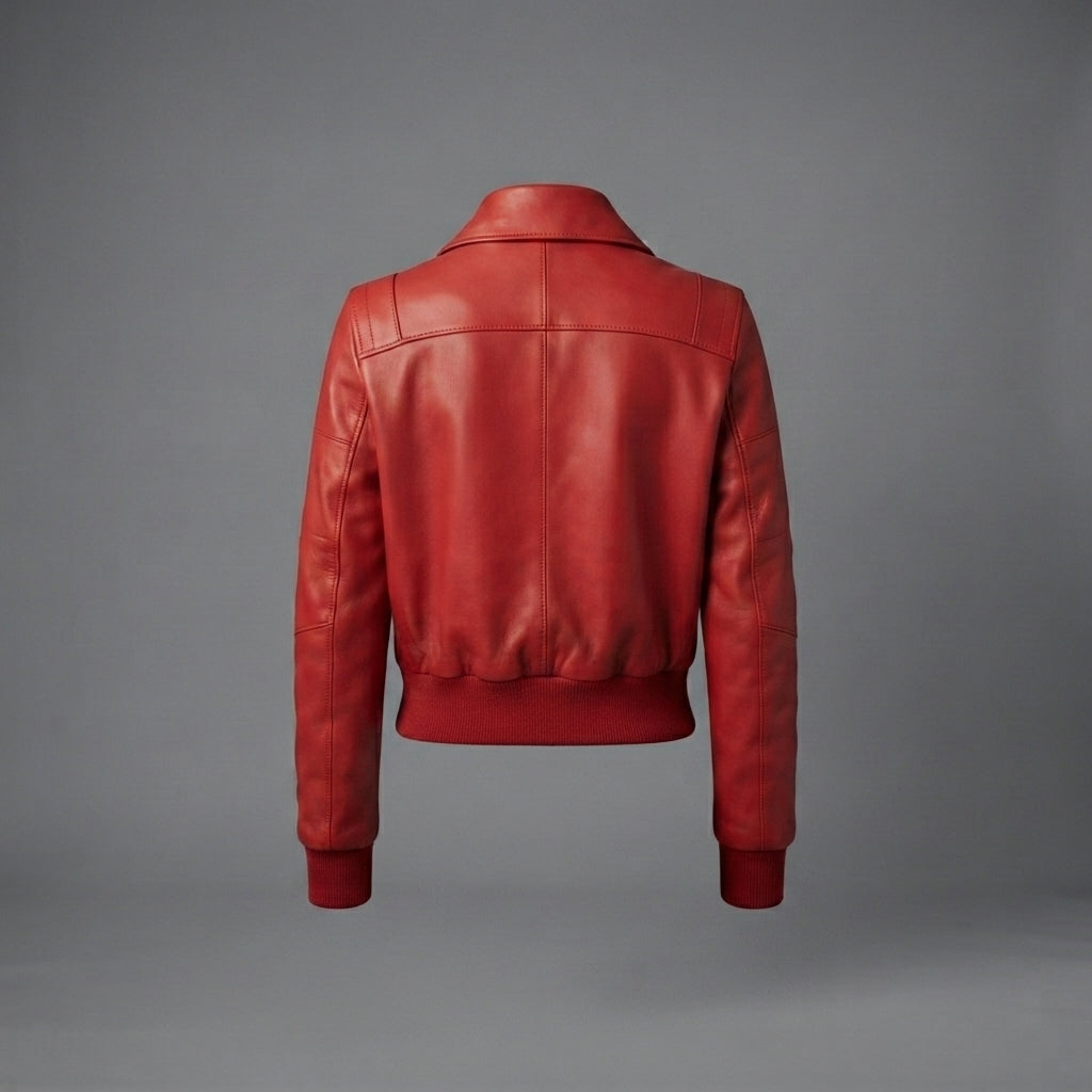 Women's Cherry Red Zip-Front Leather Jacket with Ribbed Hem