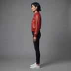Women's Cherry Red Zip-Front Leather Jacket with Ribbed Hem