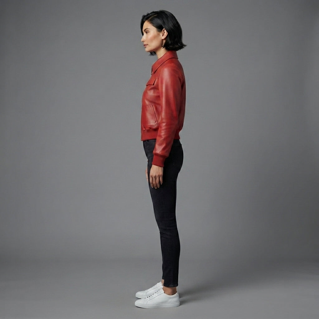 Women's Cherry Red Zip-Front Leather Jacket with Ribbed Hem