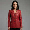 Women's Crimson Red Leather Blazer Coat with Three-Button Front