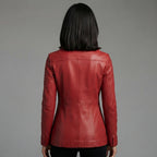 Women's Crimson Red Leather Blazer Coat with Three-Button Front