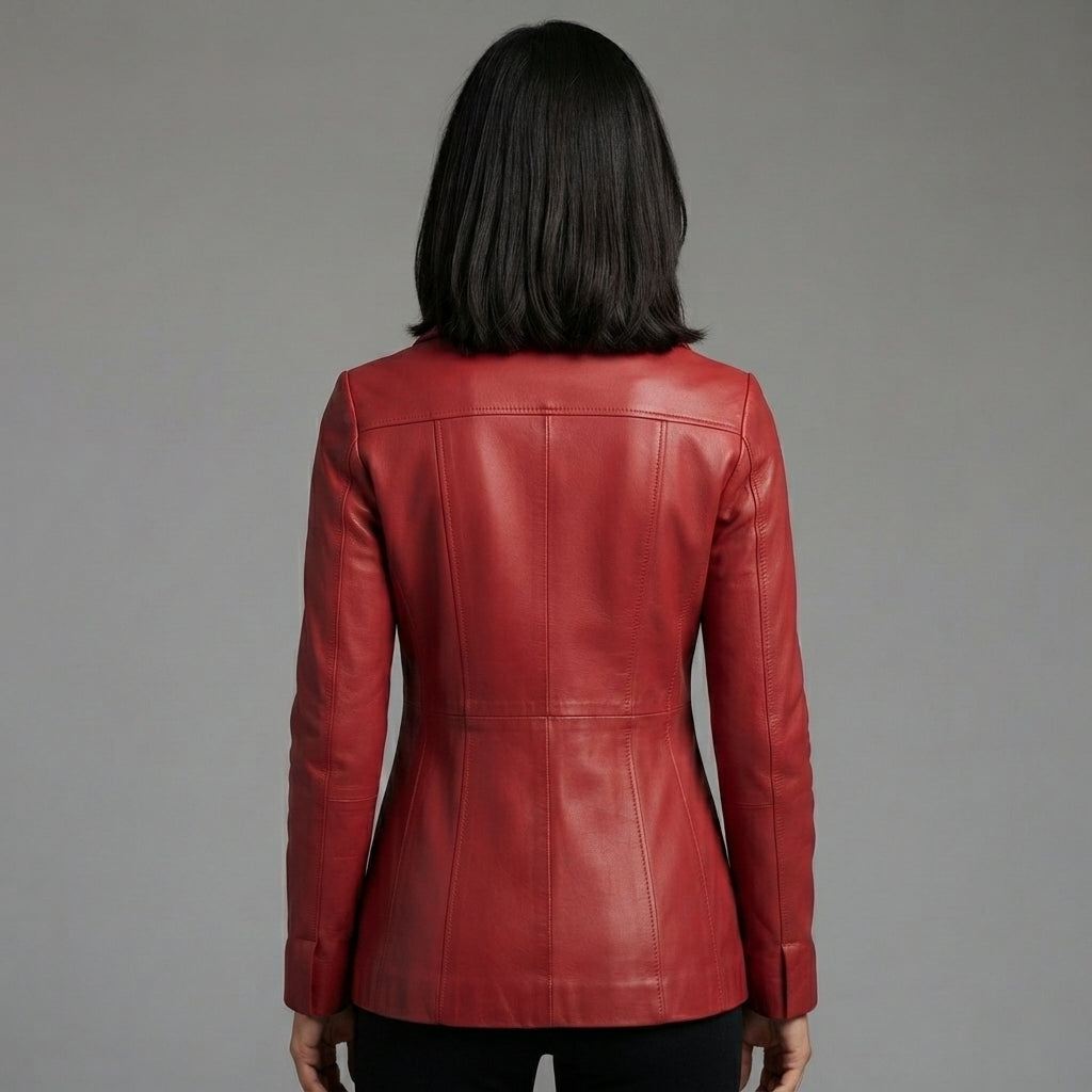 Women's Crimson Red Leather Blazer Coat with Three-Button Front