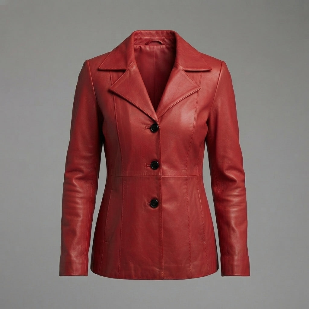 Women's Crimson Red Leather Blazer Coat with Three-Button Front